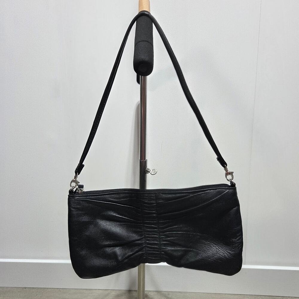 Apostrophe Black Leather Gathered Shoulder Bag Clutch Vintage